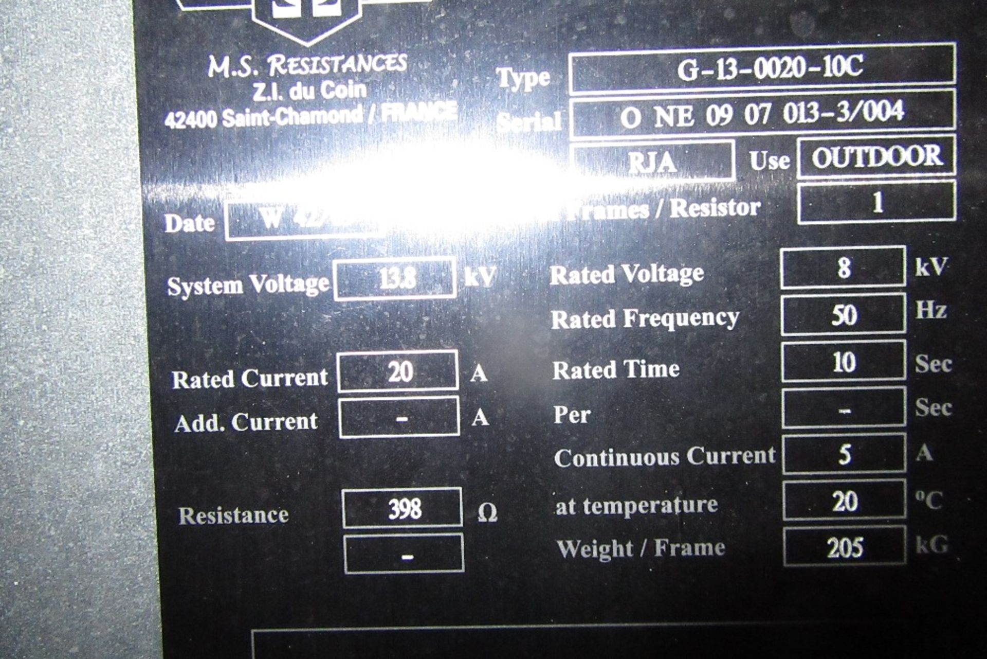 MS Resistance G-13-0020-10C Neutral Earthing Resistor Unit, Rated voltage: 8kV, Rated current: 20A, - Image 3 of 3