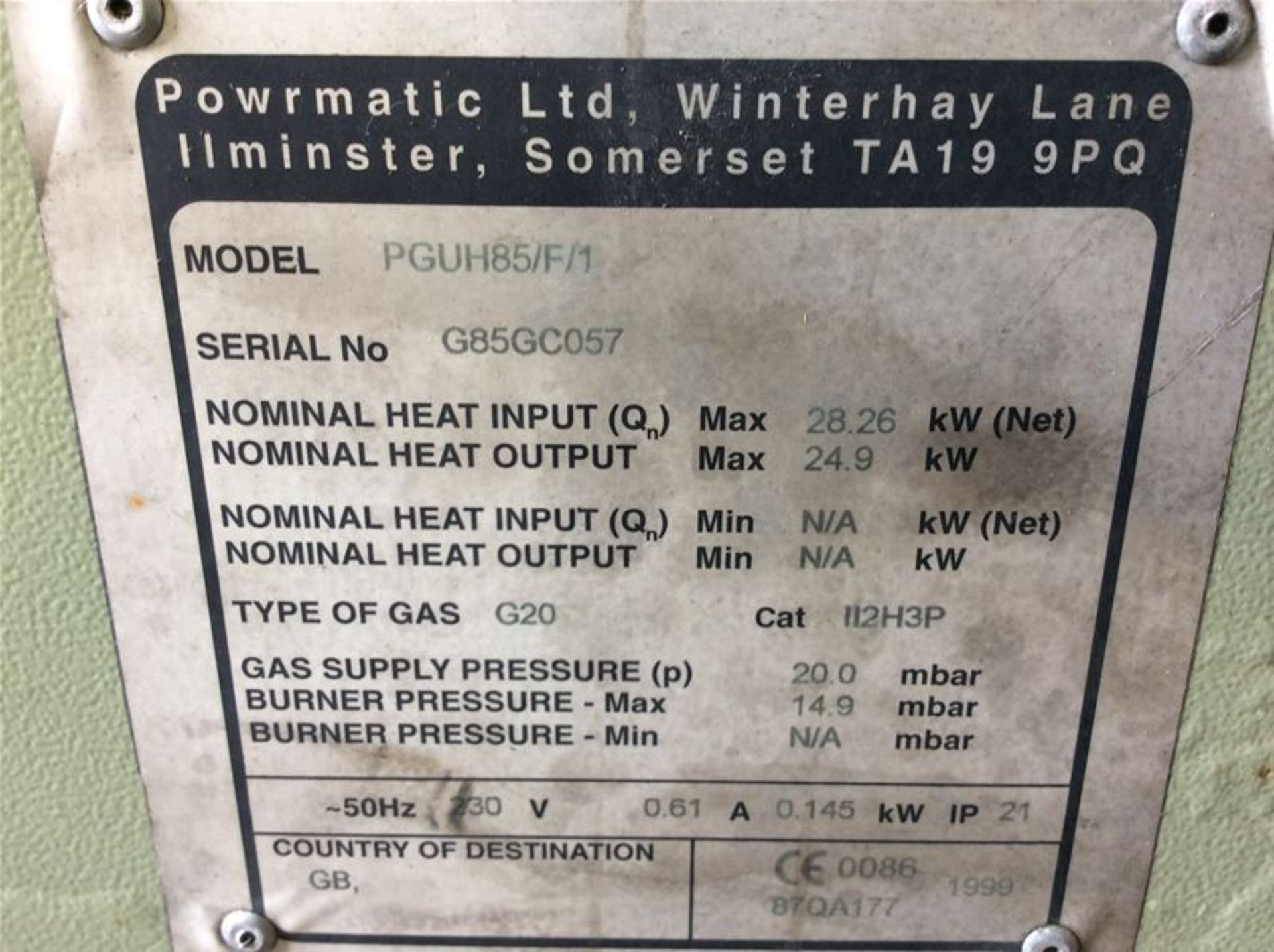 POWERMATIC PGUH 85 F SUSPENDED NATURAL GAS FIRED AIR HEATER UNIT - 25KW - Image 5 of 6