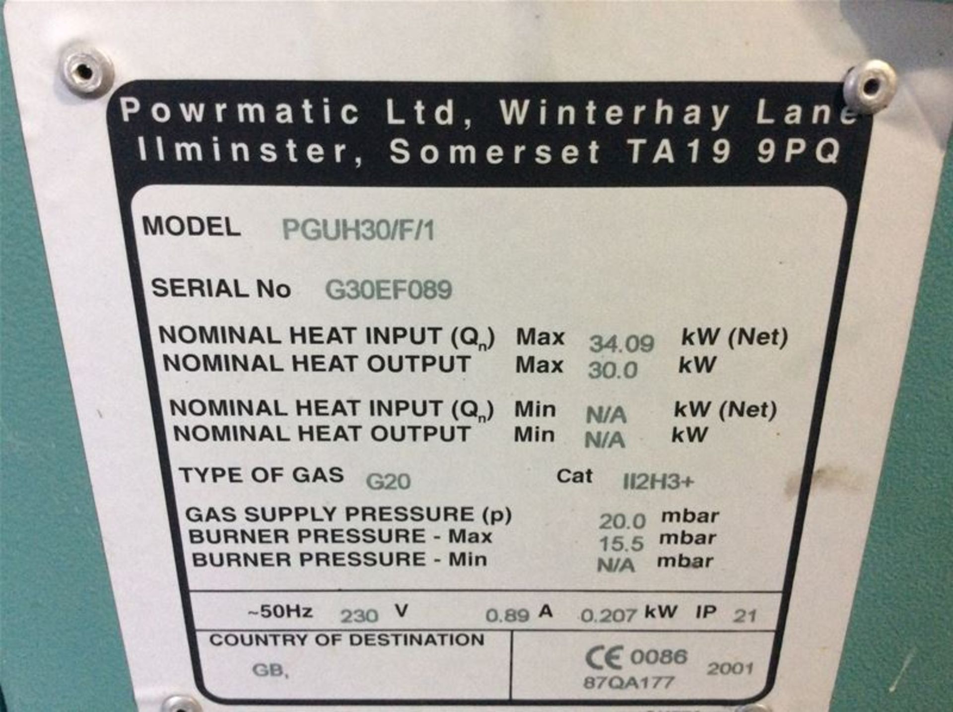 POWERMATIC PGUH 30 F SUSPENDED NATURAL GAS FIRED AIR HEATER UNIT - 30KW - Image 5 of 5