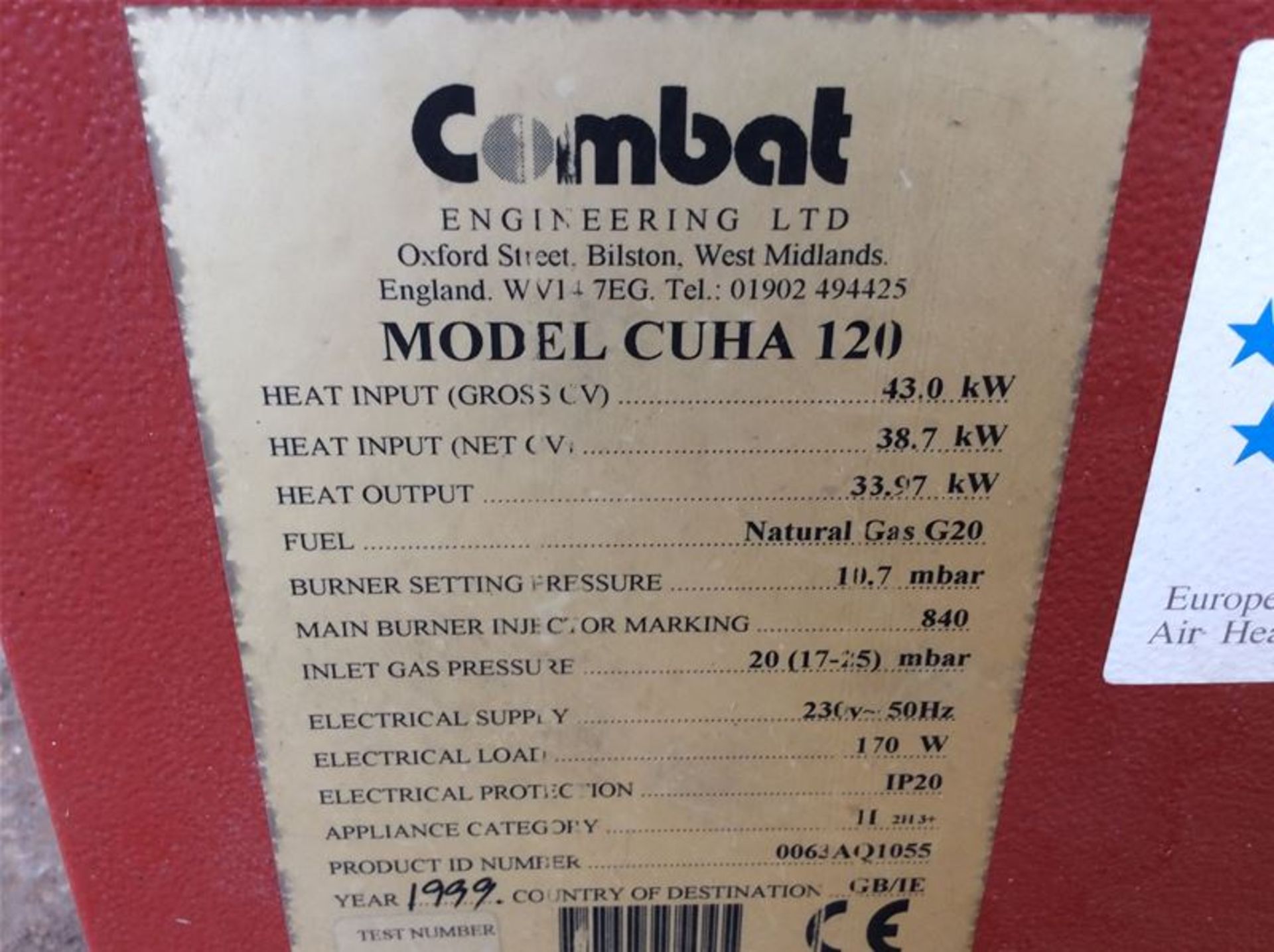 COMBAT CUHA 120 NATURAL GAS FIRED AIR SPACE HEATER - 33KW - Image 4 of 4