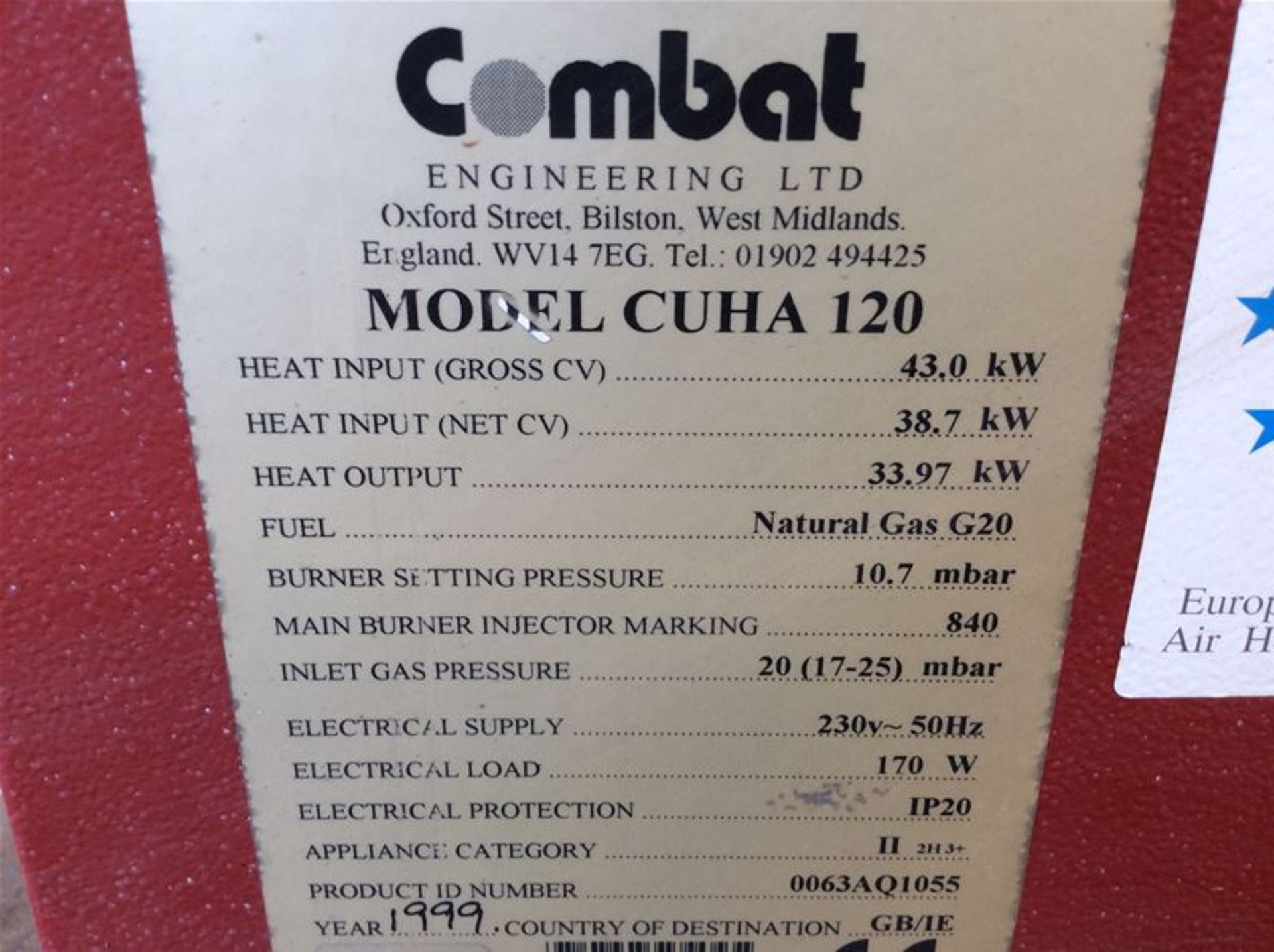 COMBAT CUHA 120 NATURAL GAS FIRED AIR SPACE HEATER - 33KW - Image 4 of 4