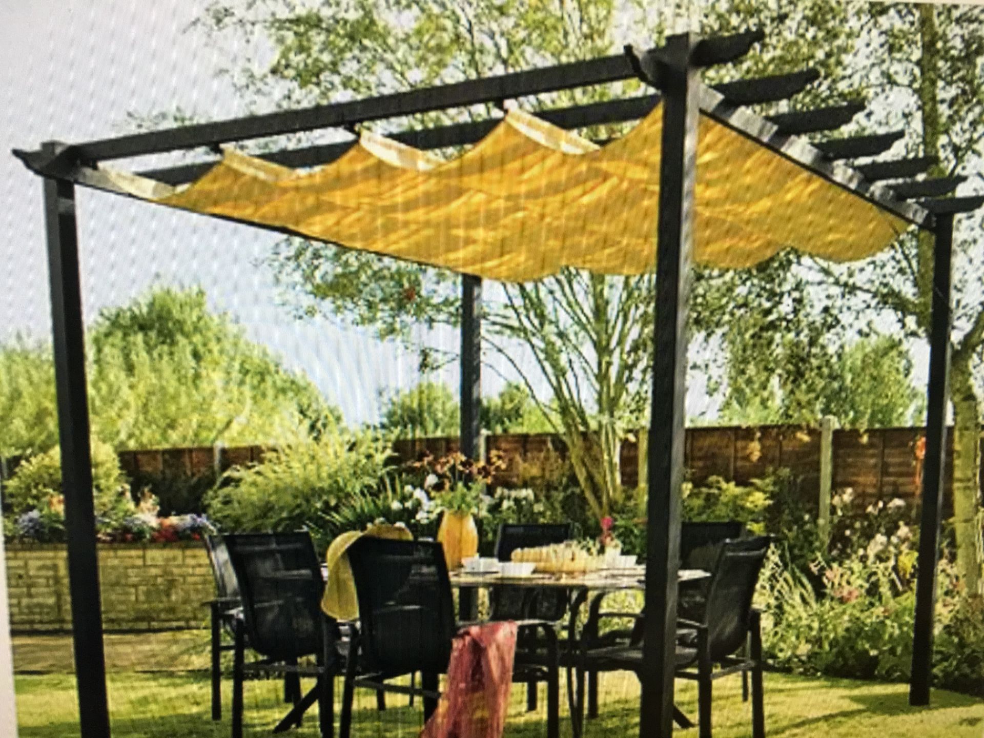 BRAND NEW PACKAGED HIGH QUALITY 3M X 3M ALUMINIUM FRAME RETRACTABLE POLYESTER TAUPE GAZEBO -