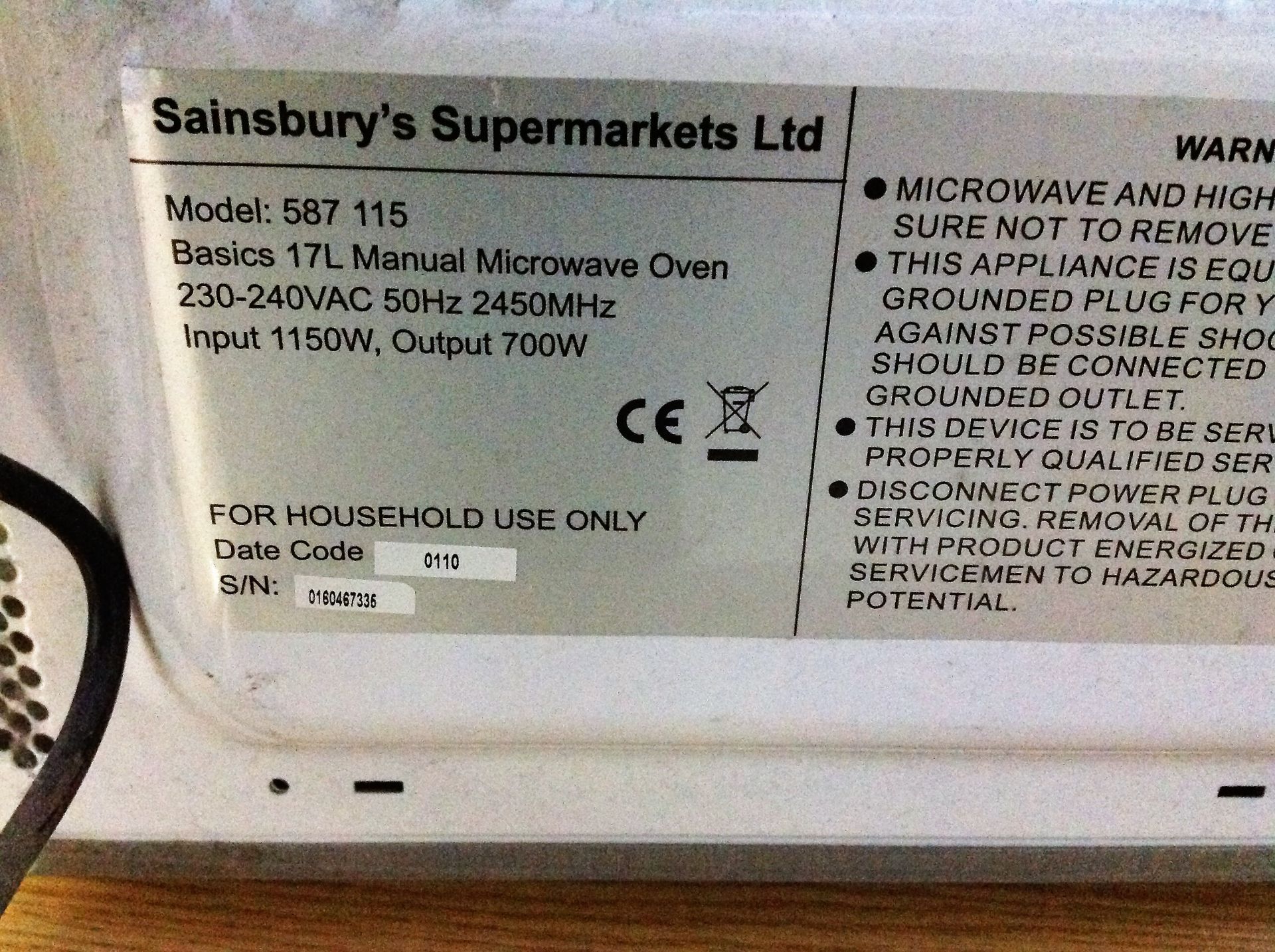 Sainsburys Domestic White Microwave Oven - Model: 587115 - Image 4 of 4