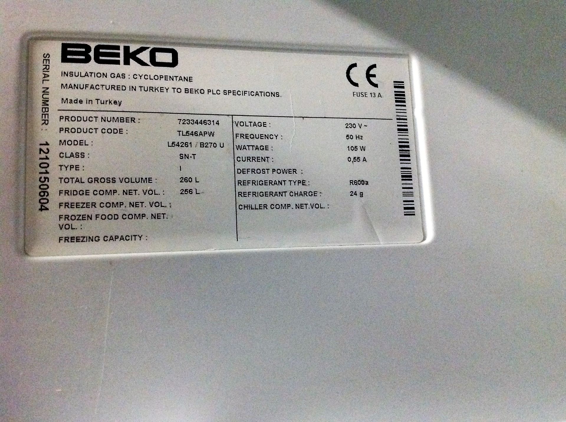 Beko Domestic White Refrigerator -Model: L54261 / B270U - H: 145cm W: 55cm D: 54cm - Image 3 of 3