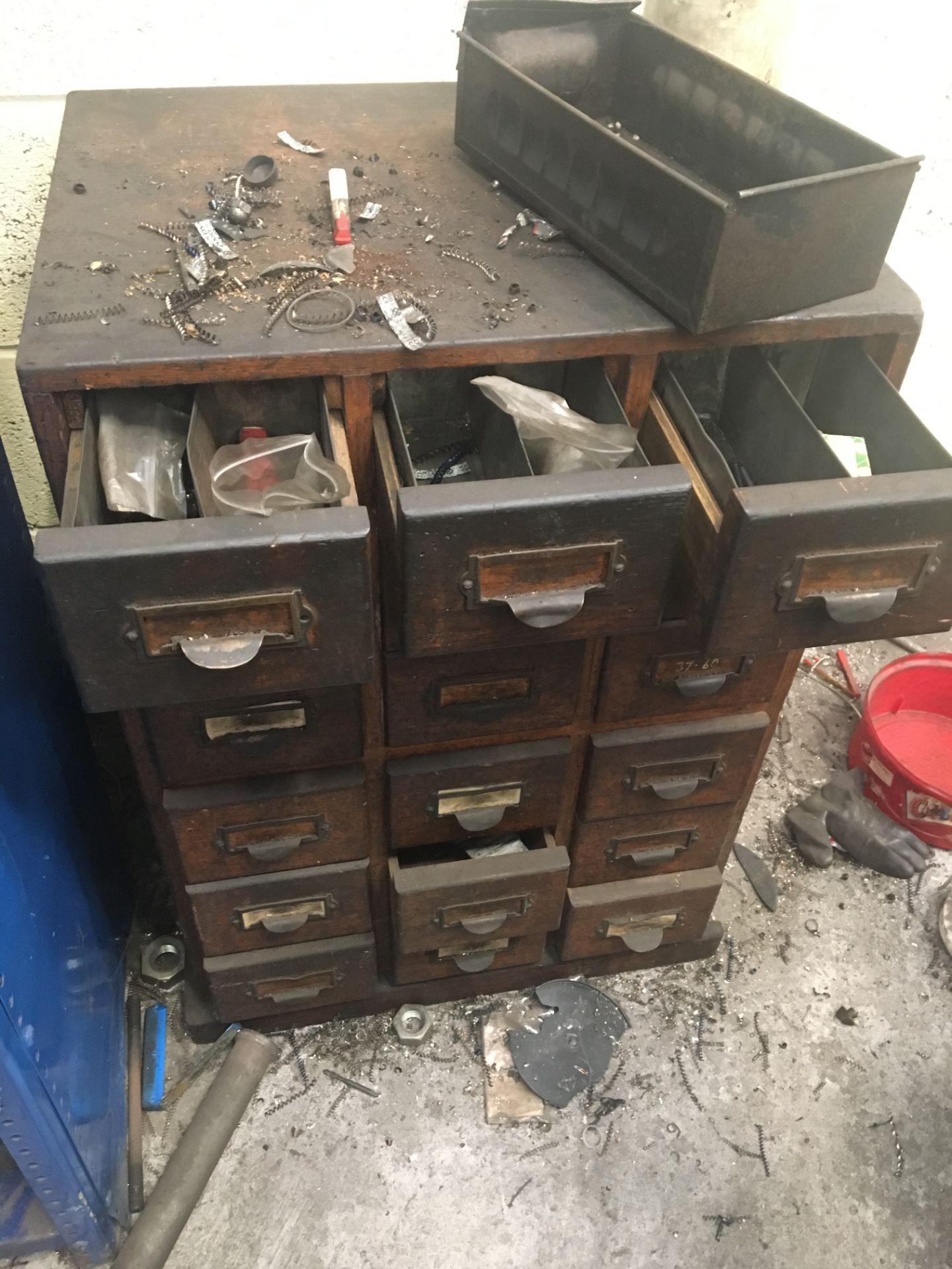 Wooden Multi Drawer Tool Cabinet and Contents of Drill Bits