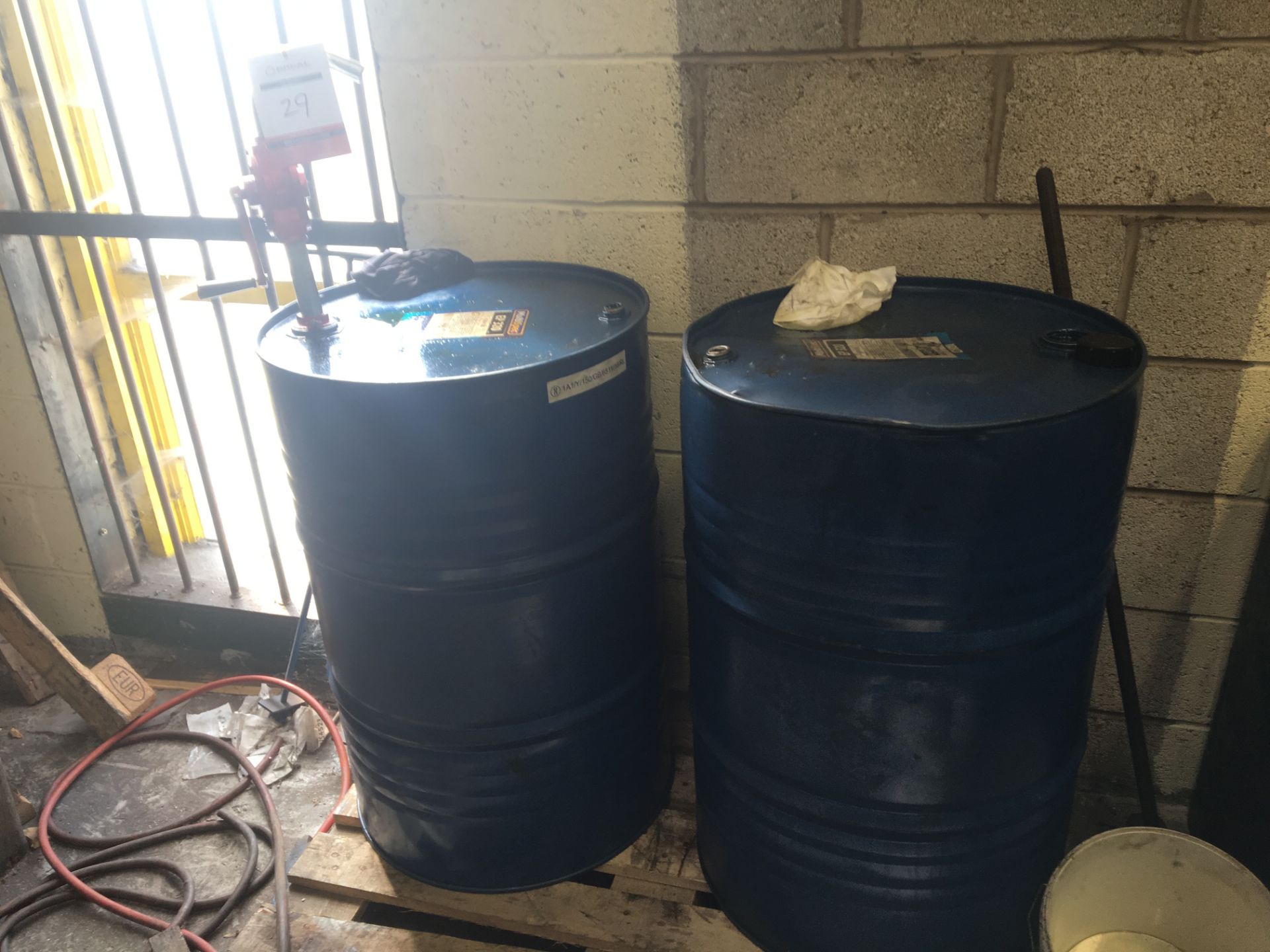 2 x Oil Drums containing Gear Oil & Barrel Pump