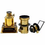 3 Brass Lenses. 1) Unmarked magic lantern lens, for large magic lantern slides of 10 cm (4 in.),
