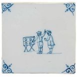 "Delft Blue" Wall Tile with Peep Show Scene Tile size 5 1/8 x 5 1/8 in., showing two people with