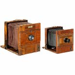 2 Field Cameras 1) German field camera 13 x 18 cm, c. 1900, polished wood with brass fittings, green