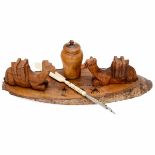 Desk Set with Stanhope Quillpen Jerusalem gift, carved wood, width 9 7/8 in. Condition: (3-/-)