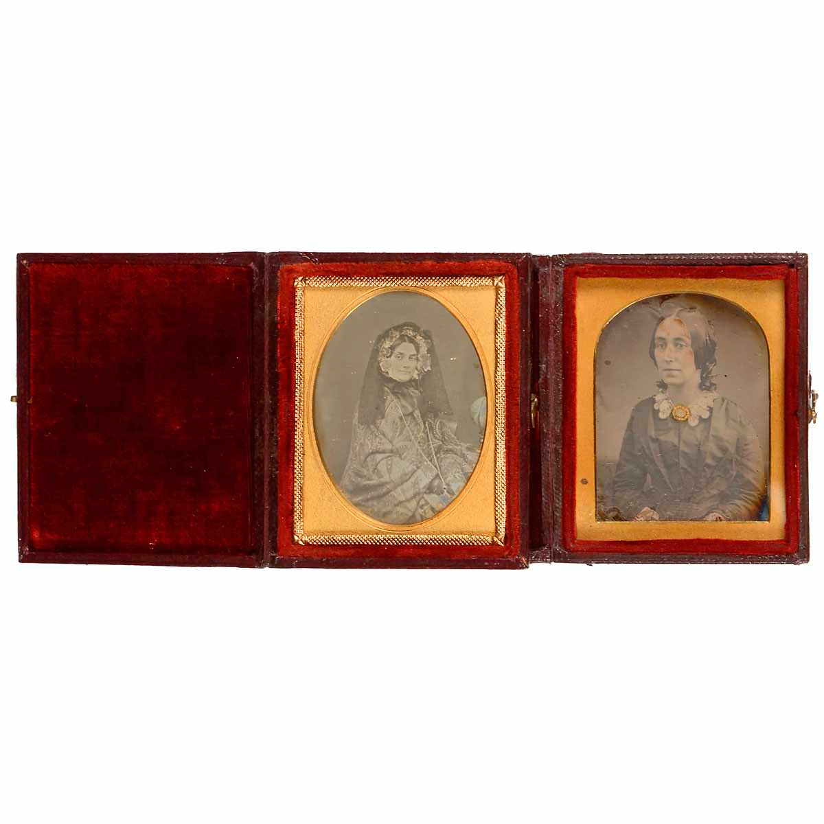 2 Small Daguerreotypes, c. 1845-50 Anonymous. 1/9 plates, portraits of ladys, hand-tinted and gold-