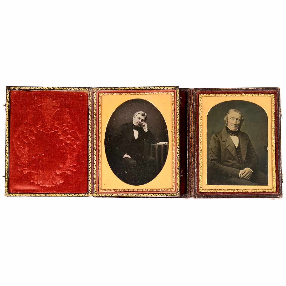 2 Ambrotypes (Hand-Colored), c. 1850-60 Anonymous. ¼ plate, portraits of gentlemen, brass passe-