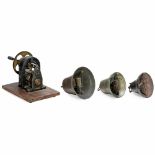 Dynamo and 3 Electric Bells, c. 1915 1) Dynamo-electrical machine, with handcrank, on wood board,