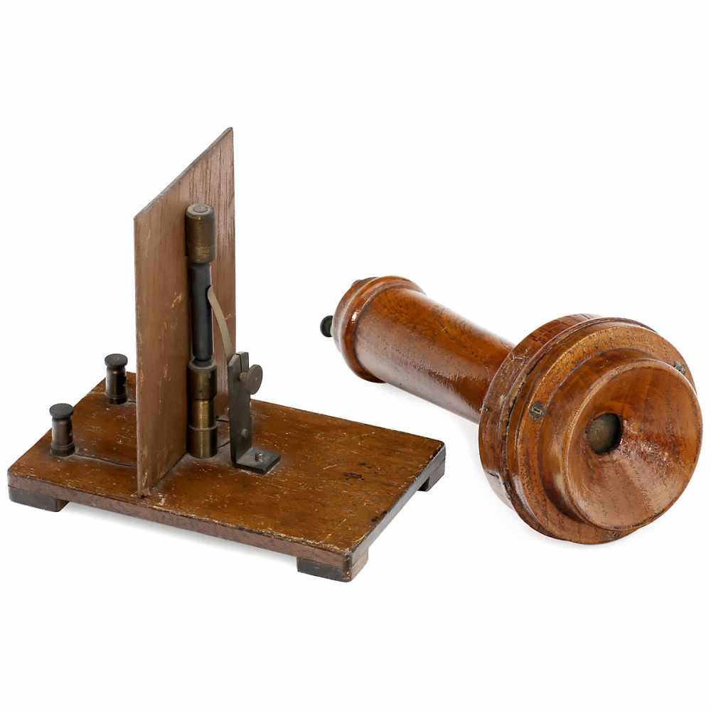 2 Telephone Demonstration Models, c. 1910 1) Microphone, with wooden vibration plate and carbon rod.