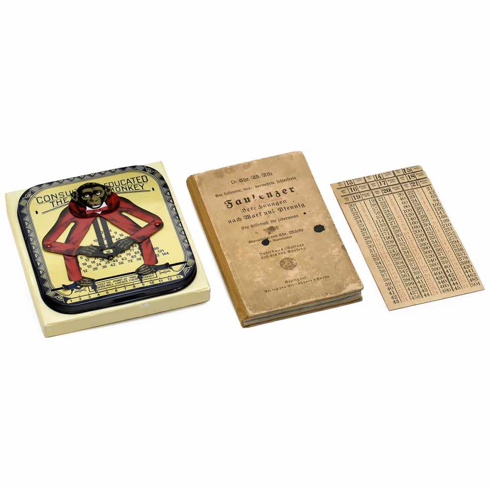 3 Calculating Aids 1) "Consul – The Educated Monkey", 1916. With manual and cardboard case. – 2) "