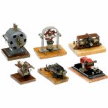 6 Vintage Model Electric Motors, 1900 onwards Toy or demonstration models, on wooden boards, between