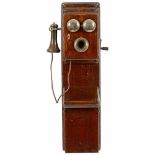 Belgian Wall Telephone, c. 1922 Atea, Antwerp. Walnut case, fixed microphone, Bell-type earphone,