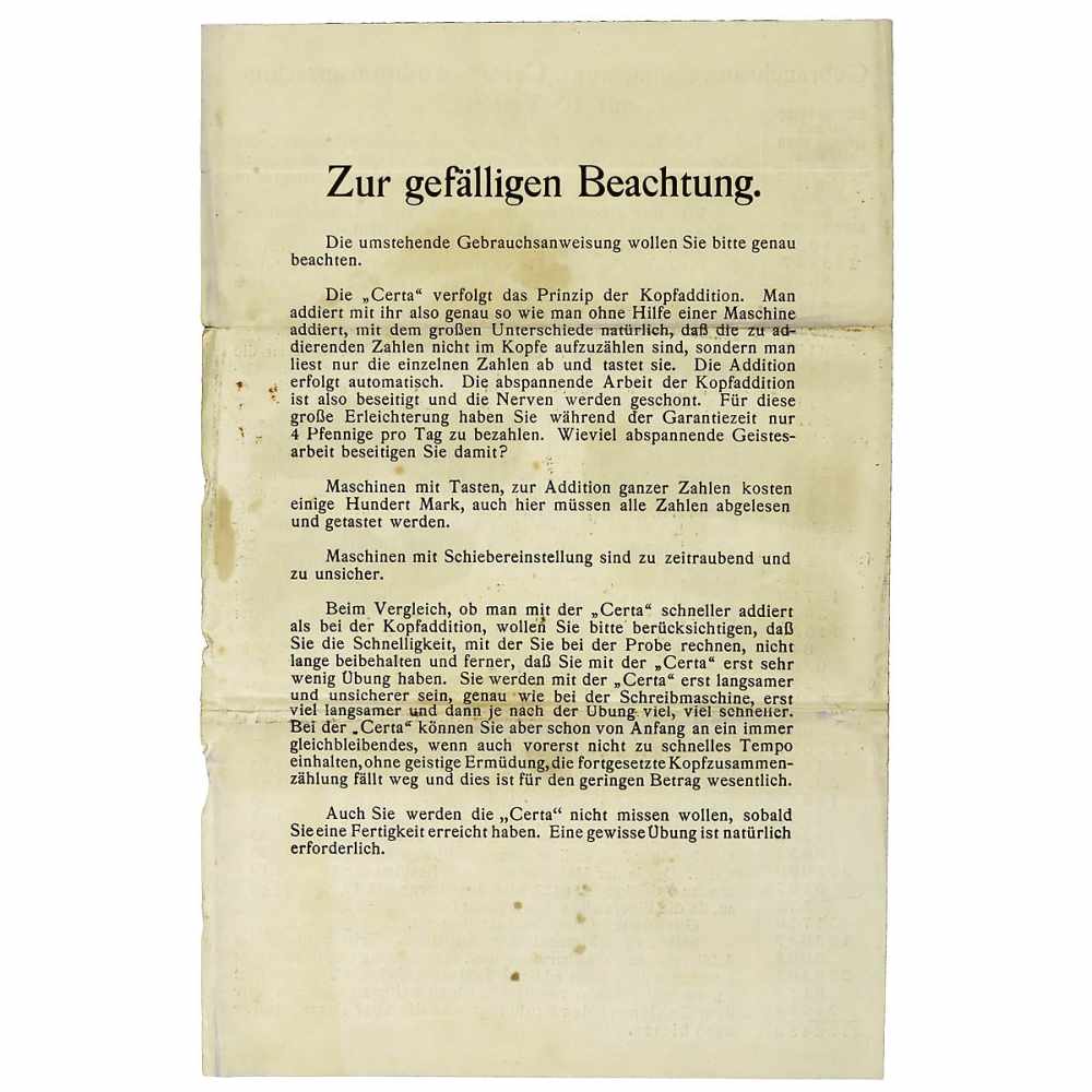 "Certa" Adding Machine Extraordinarily rare model of the "Adix" of 1903. Same construction. – With - Image 3 of 5