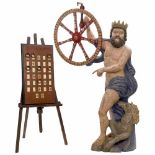 Neptune Figure with Wheel of Fortune, c. 1910 Probably France, large carved wood and hand-painted