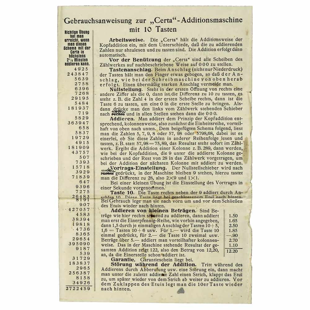 "Certa" Adding Machine Extraordinarily rare model of the "Adix" of 1903. Same construction. – With - Image 4 of 5