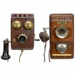 2 Telephones, c. 1910 1) Intercom for 6 lines, walnut case, horn microphone, headphone, with brass