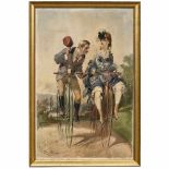 Early French Poster "Vélocipède Michaux" Bicycle, c. 1865 An elegant couple on the first penny-