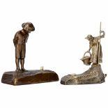 2 Figural Electrical Table Bells, c. 1910 1) Woman with basket, silvered bronze, height 4 ½ in. –