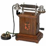 Norwegian Table Telephone, c. 1900 Elektrisk Bureau Kristiania (now Oslo), tin chassis on wood base,