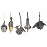 5 Electrical Table Bells, c. 1910 Flower and floral motifs, silvered brass or bronze, three with