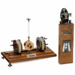 2 Reflecting Galvanometers, c. 1915 1) With 2 sliding coils and scale, on polished wooden board with