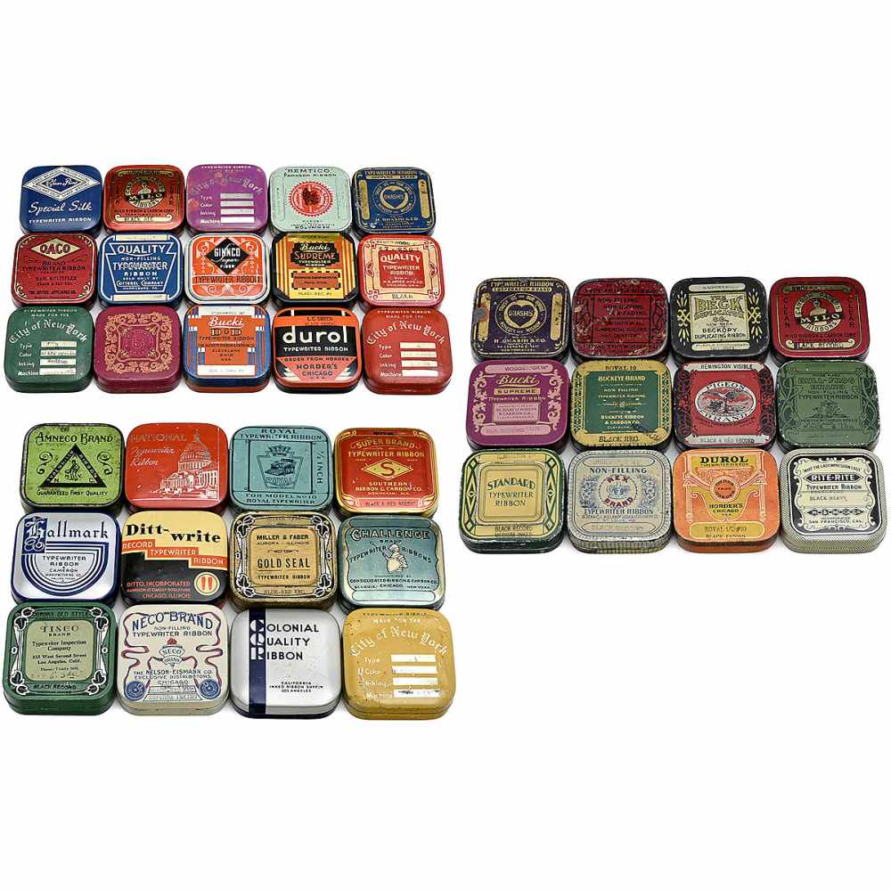 39 Typewriter Ribbon Boxes of Tin, Cardboard and Bakelite A few with original typewriter ribbons.