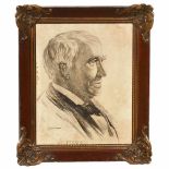 Thomas Alva Edison Portrait Signed "AJ van't Hoff", printed, wooden frame with stucco corners, outer