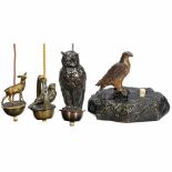 4 Electrical Table Bells Modeled as Wild Animals, c. 1910 1) Owl, bronzed brass, height 3 ½ in. – 2)