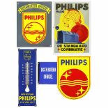 4 Philips Enamel Signs 1) Thermometer "une lampe Philips c'est plus sûr!", glass tube replaced, size