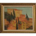 20th Century SchoolHilltop villageOil on canvasInitialled DKA36.5cm x 44.5cm