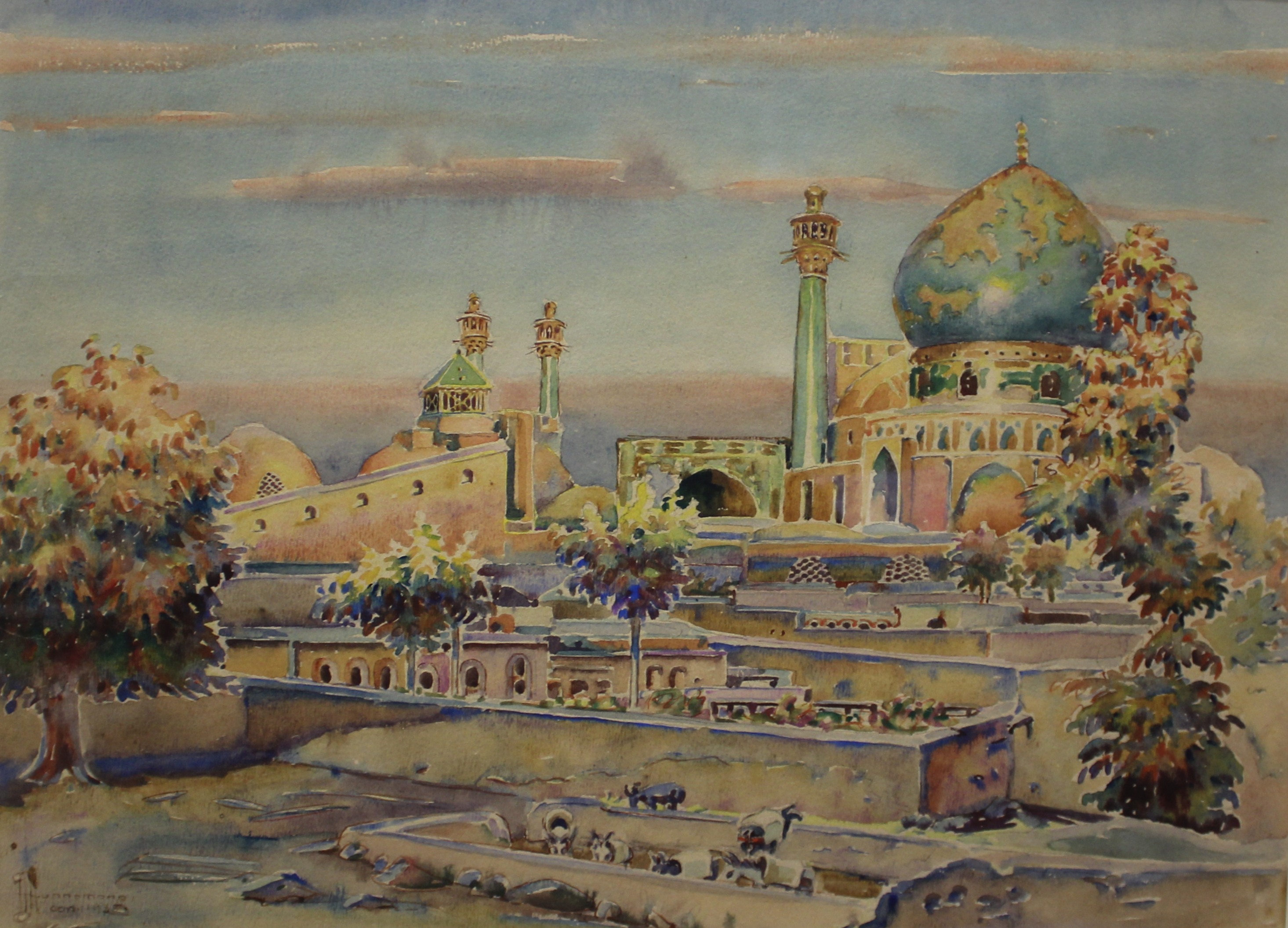 An early 20th Century watercolour of a Mosque and a print by Dar from Shahnameh (2)