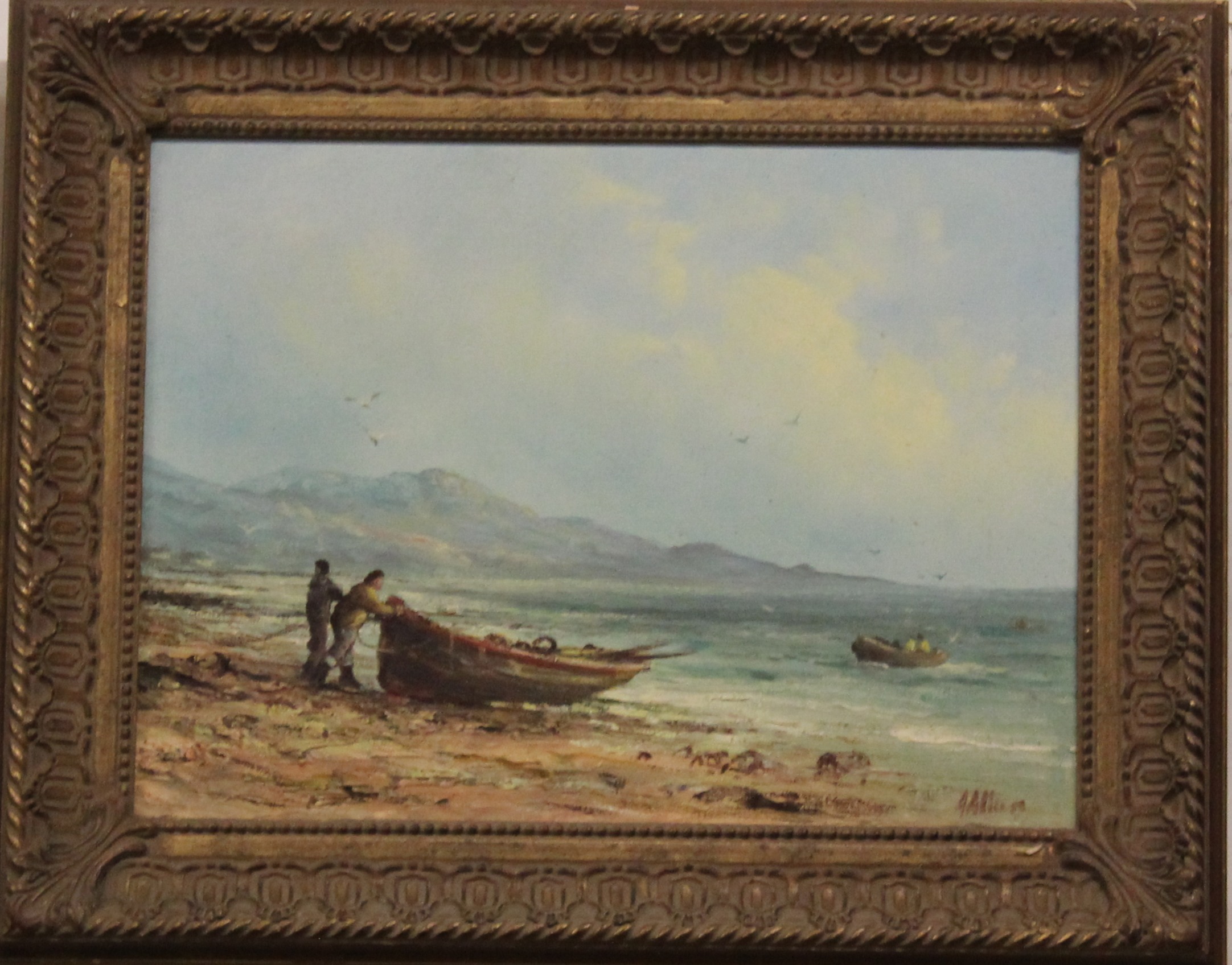 Alfred Allan (Scottish, 20th Century) Pulling in the boatOil on canvasSigned lower right29cm x 40cm