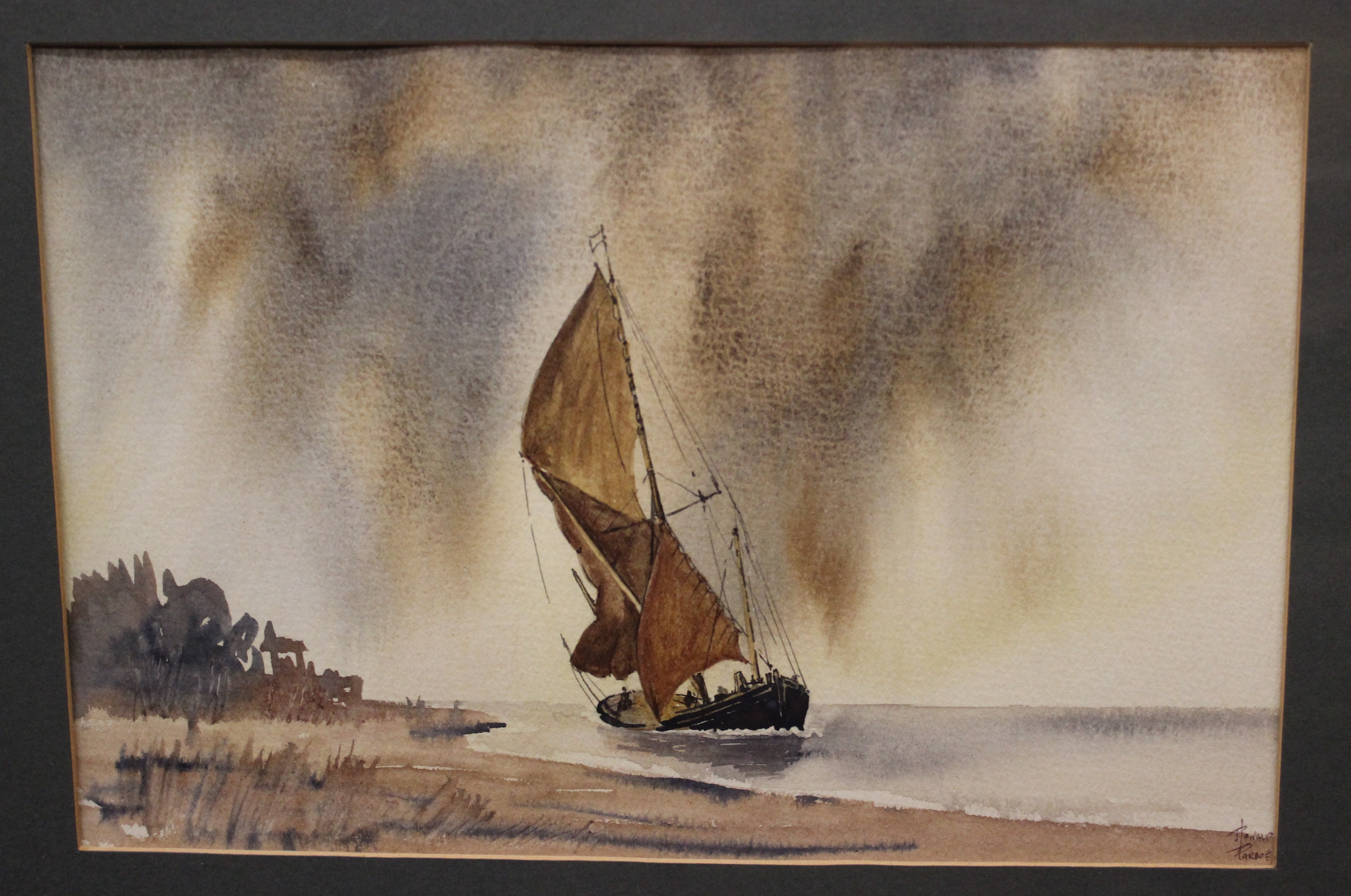 Ronald Pardoe (20th Century)'London Barges at Low tide''Sailing barge'Watercolour, a pair18.5cm x
