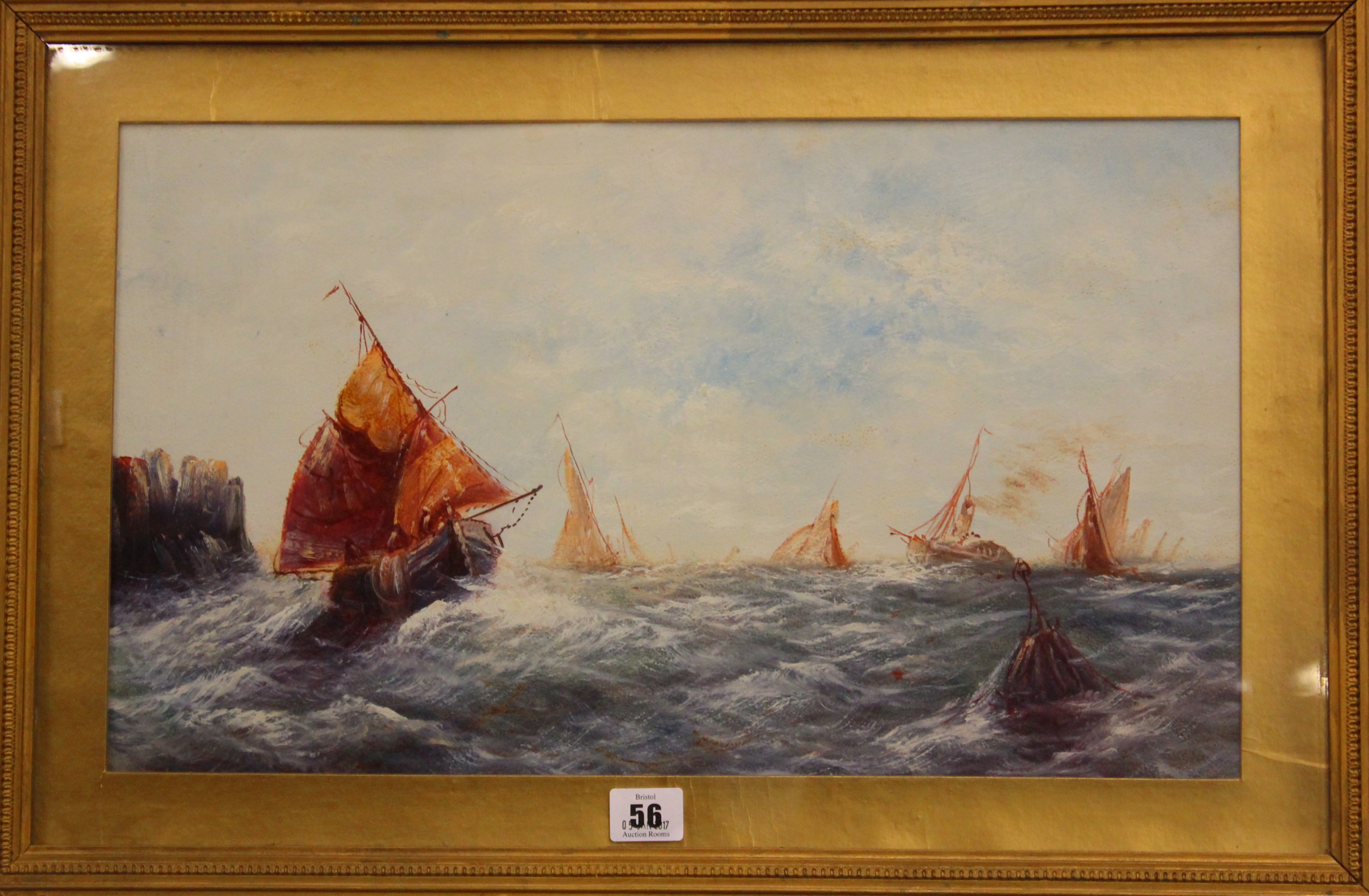 In the manner of George Knight Fishing boats of the coastOil on boardUnsigned27.5cm x 48cm