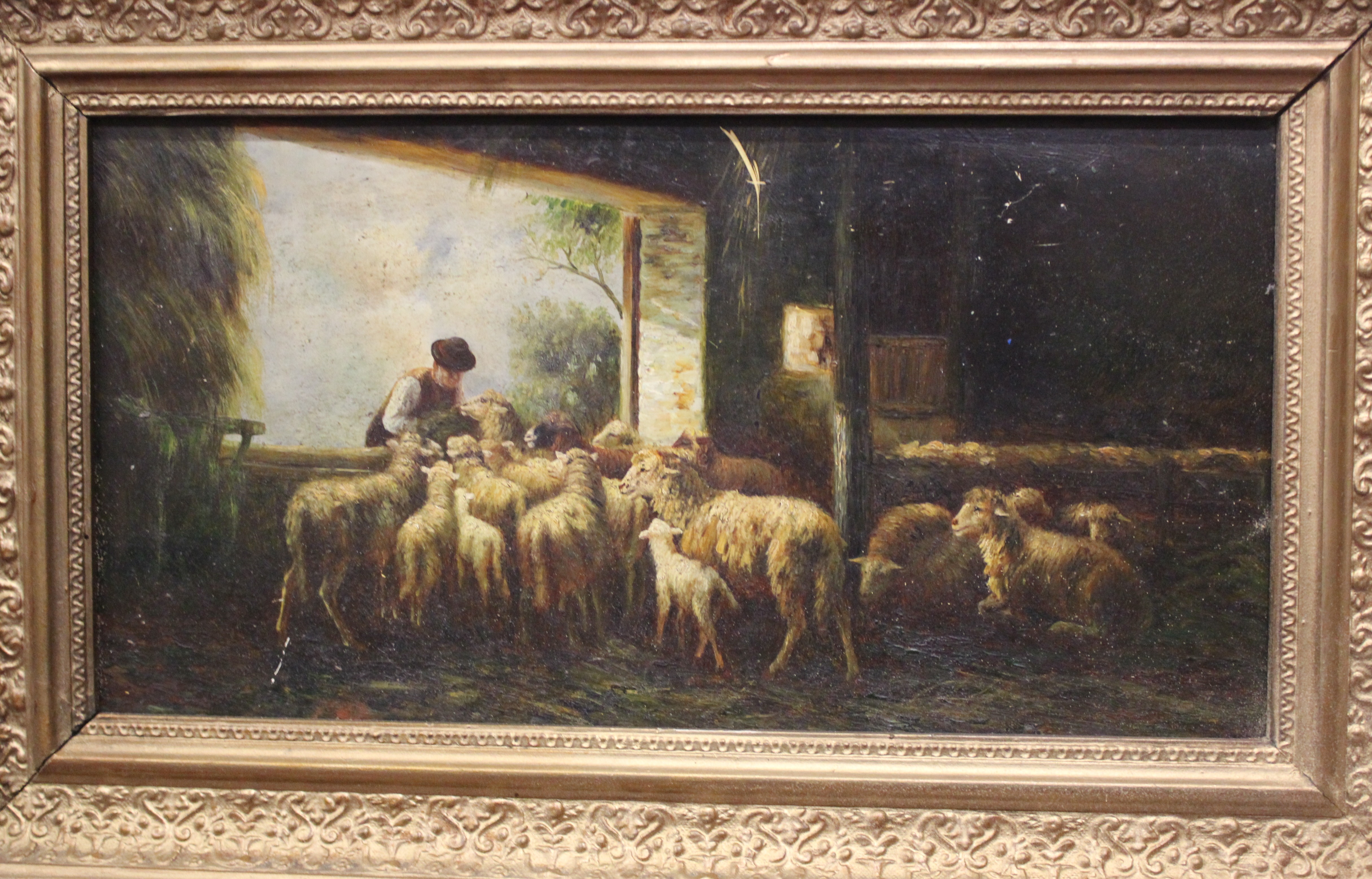 19th Century SchoolDrover feeding sheepOil on boardUnsigned18cm x 35.5cm