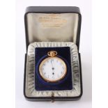 An 18K gold fob watch, with white enamel dial, in John Mason's fitted box