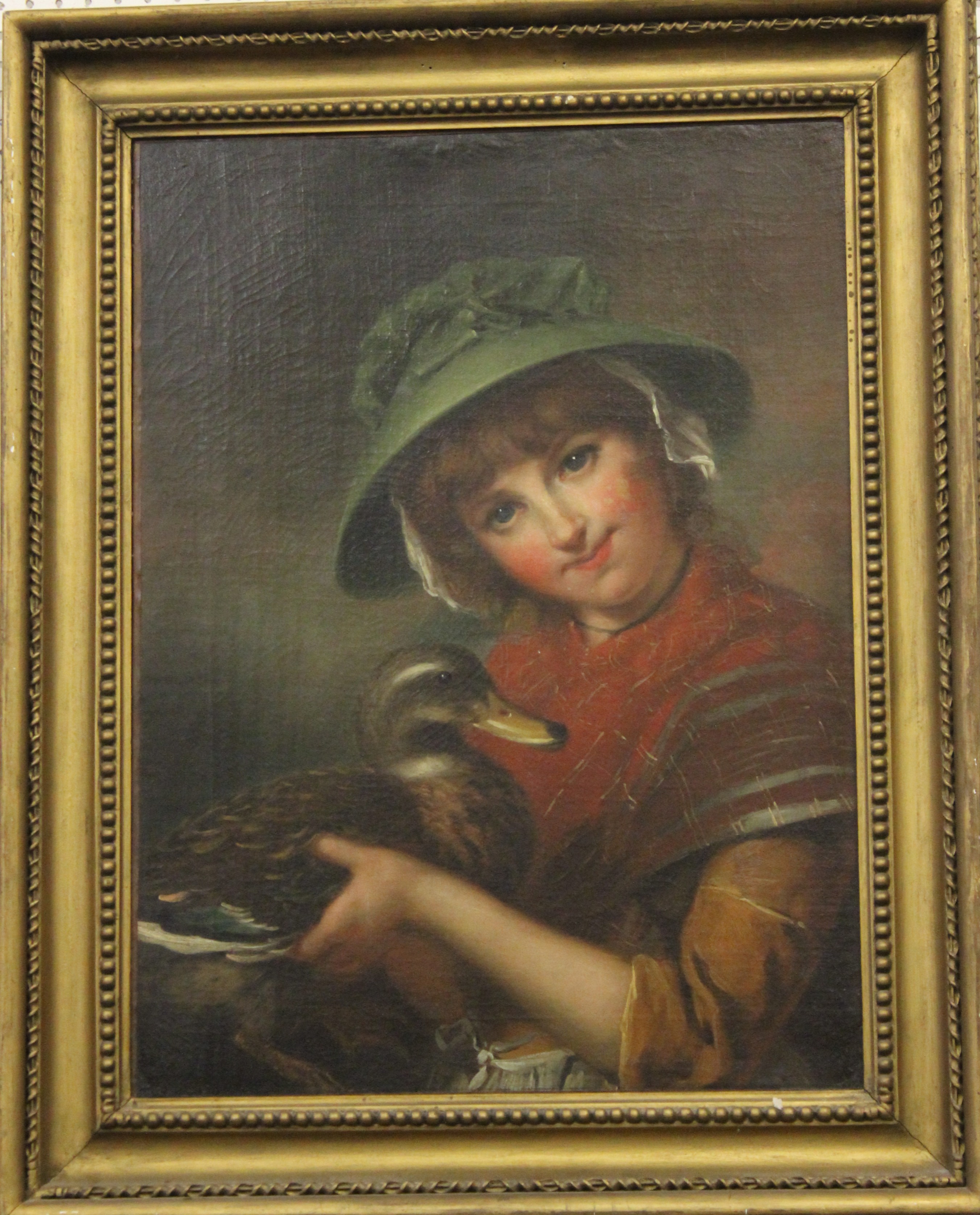 English School (19th Century)Portrait of a young girl wearing a bonnet and holding a duckOil on