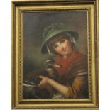 English School (19th Century)Portrait of a young girl wearing a bonnet and holding a duckOil on