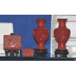 A Chinese cinnabar lacquered box, a pair of vases, 21cm high including stands and a match box holder
