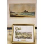 Four prints and watercolours, various subjects