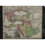 A framed hand coloured map, 'Imperium Turcicum', 50cm x 58cm