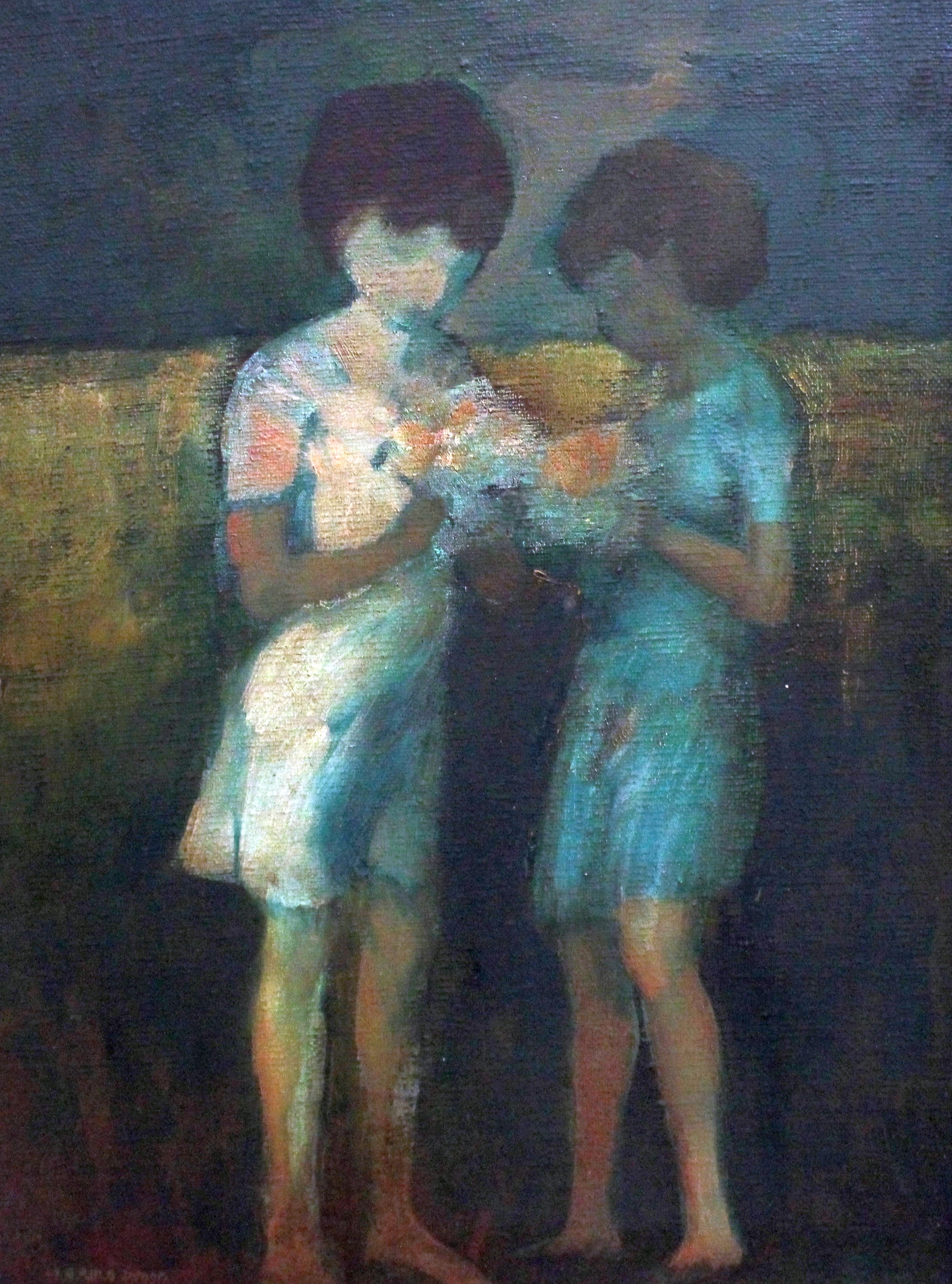 Harold Wood (1918-2014)Two girls with posies Oil on canvasSigned lower left39cm x 29cm