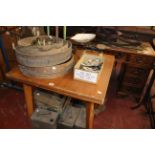 A 1950's table, vintage petrol cans, vintage wooden crates etc