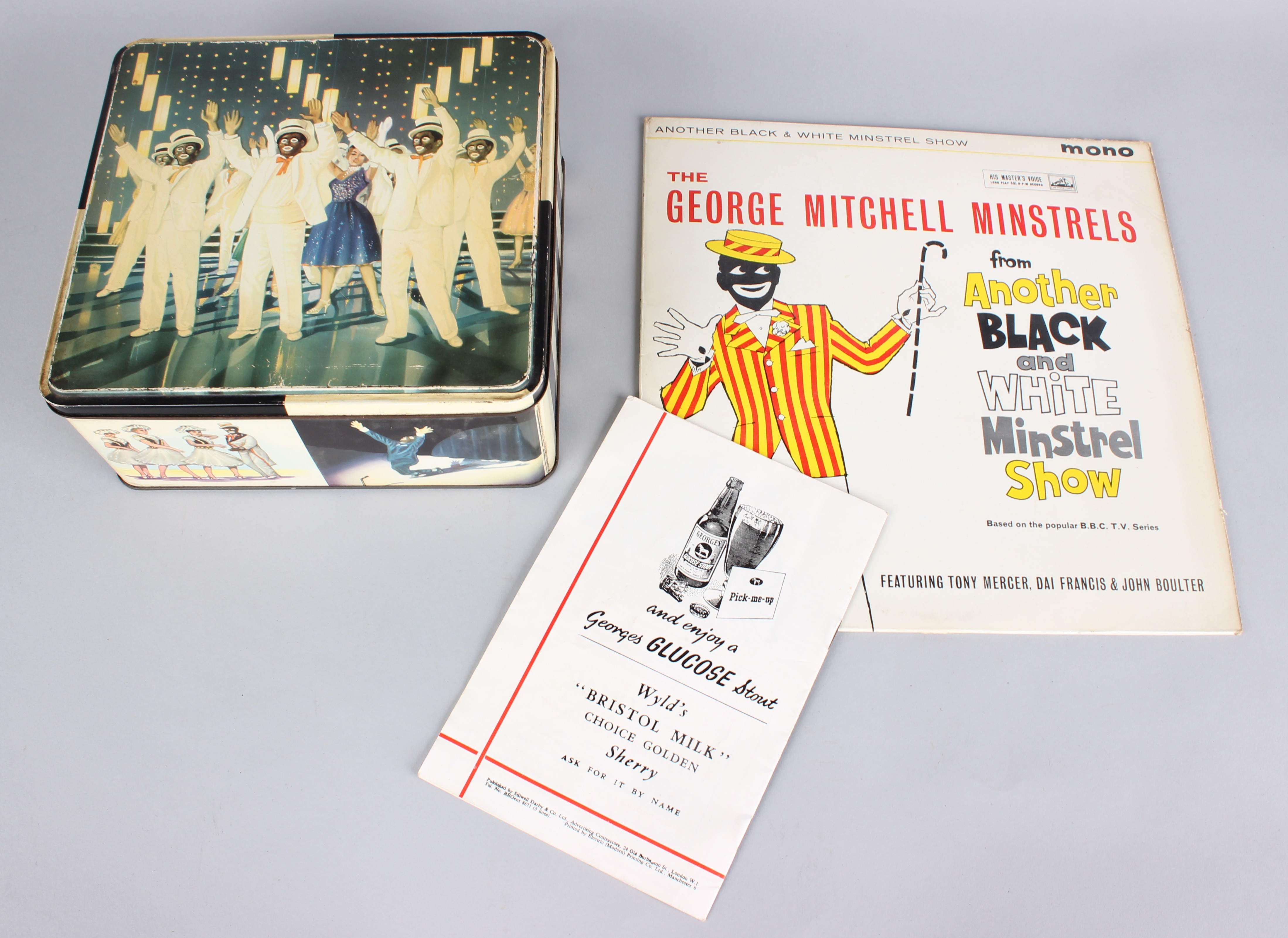 A 1960’s BBC TV ‘Black & White Minstrel Show’ Biscuit Tin by Huntley & Palmers a large square tin,
