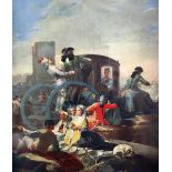 A colour print of a carriage with travellers and dogs, 23cm x 19.5cm and two colour prints of the